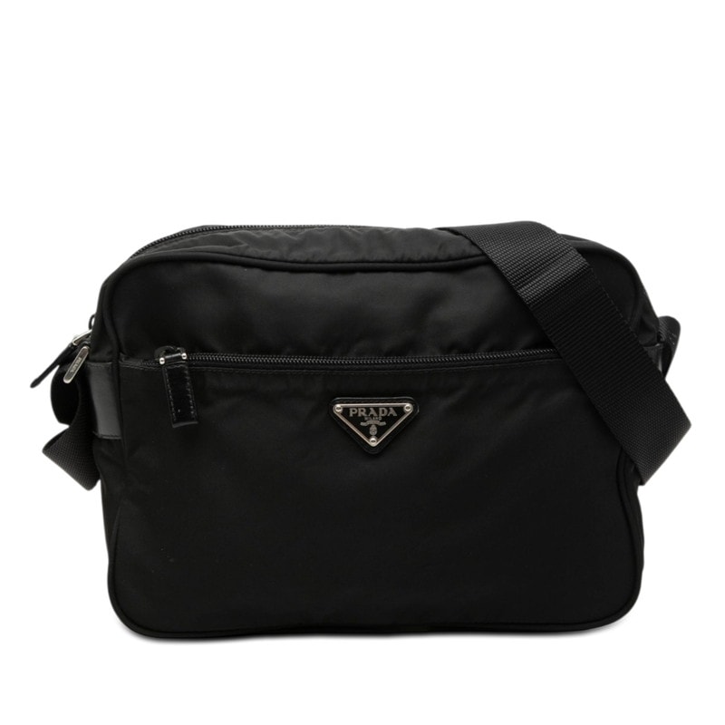 プラダ 三角ロゴプレート 斜め掛け ショルダーバッグ ブラック ナイロン レザー レディース PRADA 【中古】