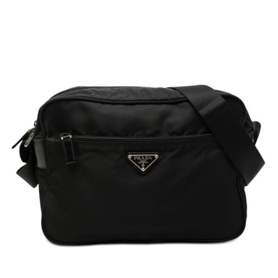 プラダ 三角ロゴプレート 斜め掛け ショルダーバッグ ブラック ナイロン レザー レディース PRADA 【中古】
