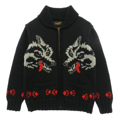 TENDERLOIN テンダーロイン T-COWICHAN WOLF カウチン ウルフ ニット ジップアップ ジャケット ブラック系 M【中古】