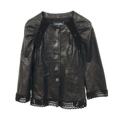 シャネル CHANEL オープンワーク ボーダー 革ジャン 衣料品 アウター ラムレザー レディース ブラック系 P57938C00280 【中古】