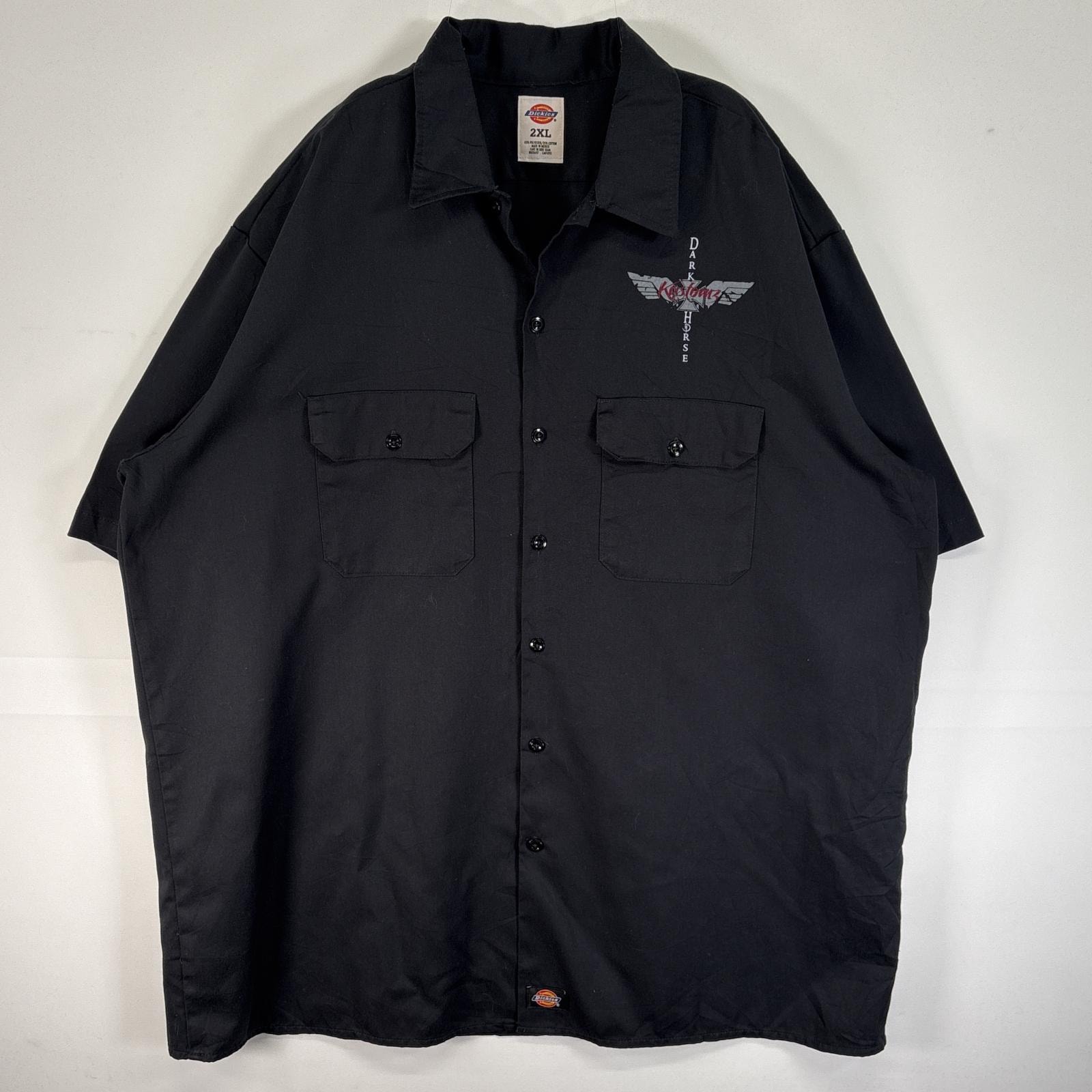 古着 ディッキーズ Dickies 半袖シャツ 両面 ラバープリント ワーク 作業着 フラップポケ 大きいサイズ 2XL ブラック メンズ