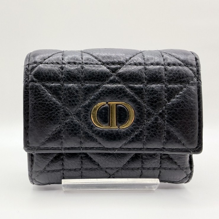 DIOR(ディオール)Dior Caro ウォレット 三つ折り財布 カナージュ ブラック ラムスキン ゴールドトーン金具