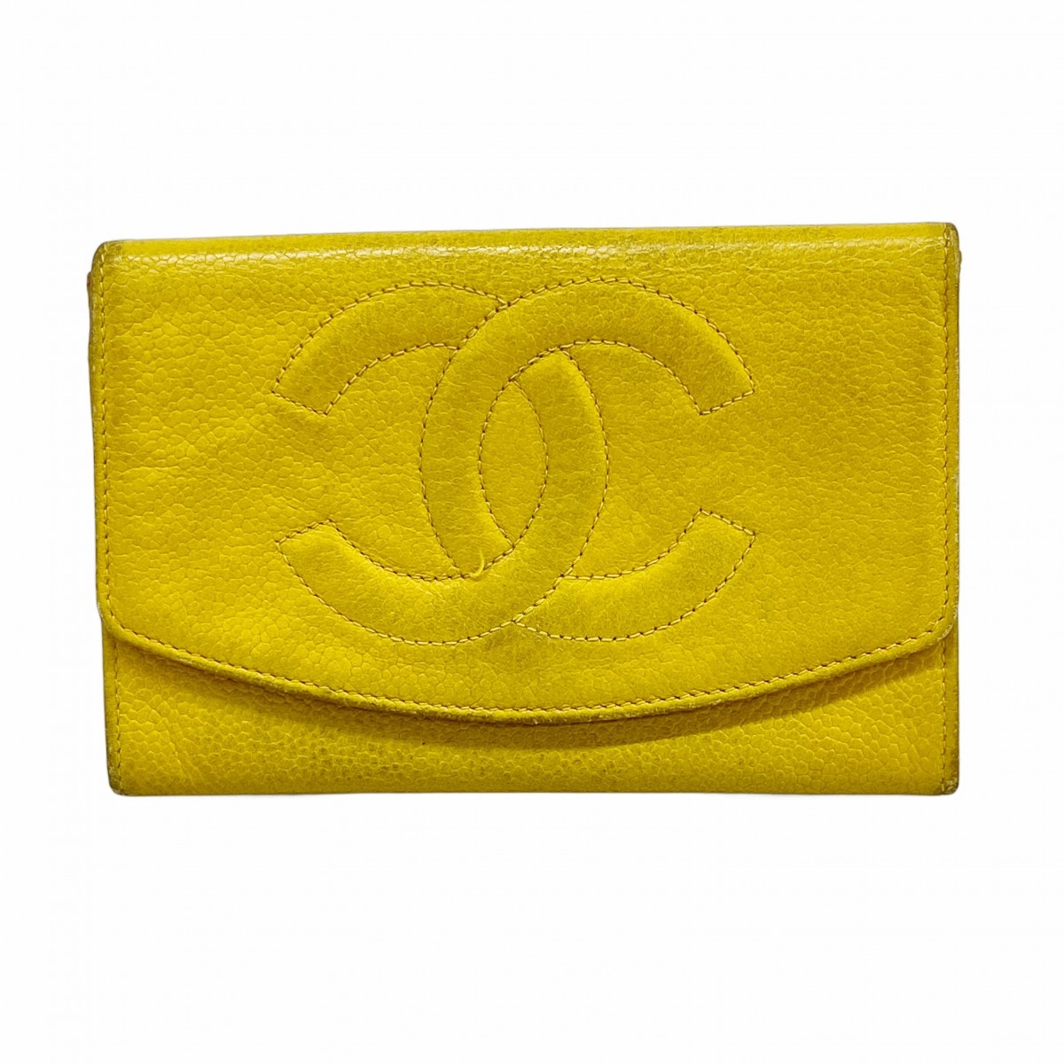 【6ce6042-k】シャネル 財布 キャビアスキン イエロー ゴールド金具【中古】レディース