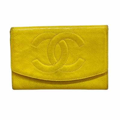 【6ce6042-k】シャネル 財布 キャビアスキン イエロー ゴールド金具【中古】レディース