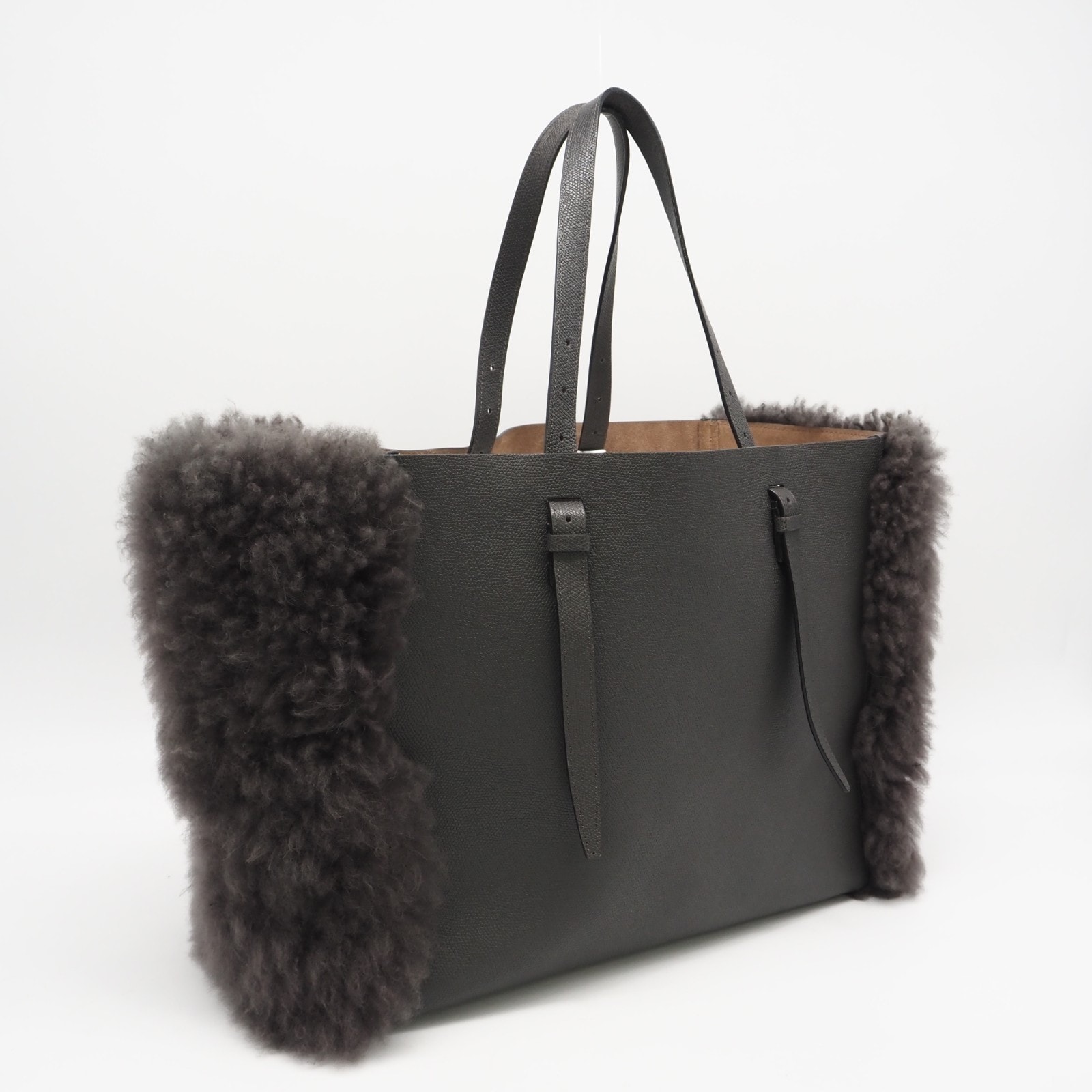 美品 Valextra ヴァレクストラ ファー レザー ラージ トートバッグ - トートバッグ グレー レザー ポリエステル レディース