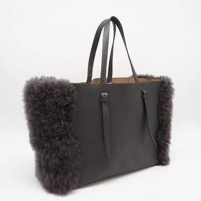 美品 Valextra ヴァレクストラ ファー レザー ラージ トートバッグ - トートバッグ グレー レザー ポリエステル レディース