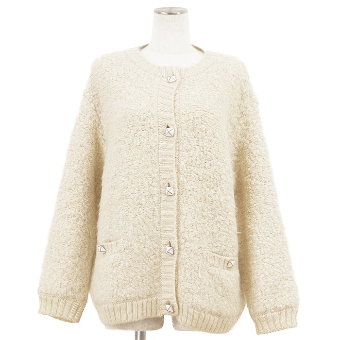 【美品】Valentino ヴァレンチノ ニット カーディガン サイズ XS レディース ボア オーバーシルエット スクエアボタン トップス アイボリー イタリア製