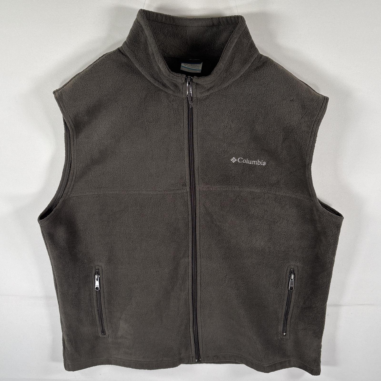 古着 コロンビア Columbia フリースベスト フルジップ ワンポイントロゴ刺繍 アウトドア 大きいサイズ XL  ダークグレー系 メンズ