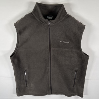 古着 コロンビア Columbia フリースベスト フルジップ ワンポイントロゴ刺繍 アウトドア 大きいサイズ XL ダークグレー系 メンズ