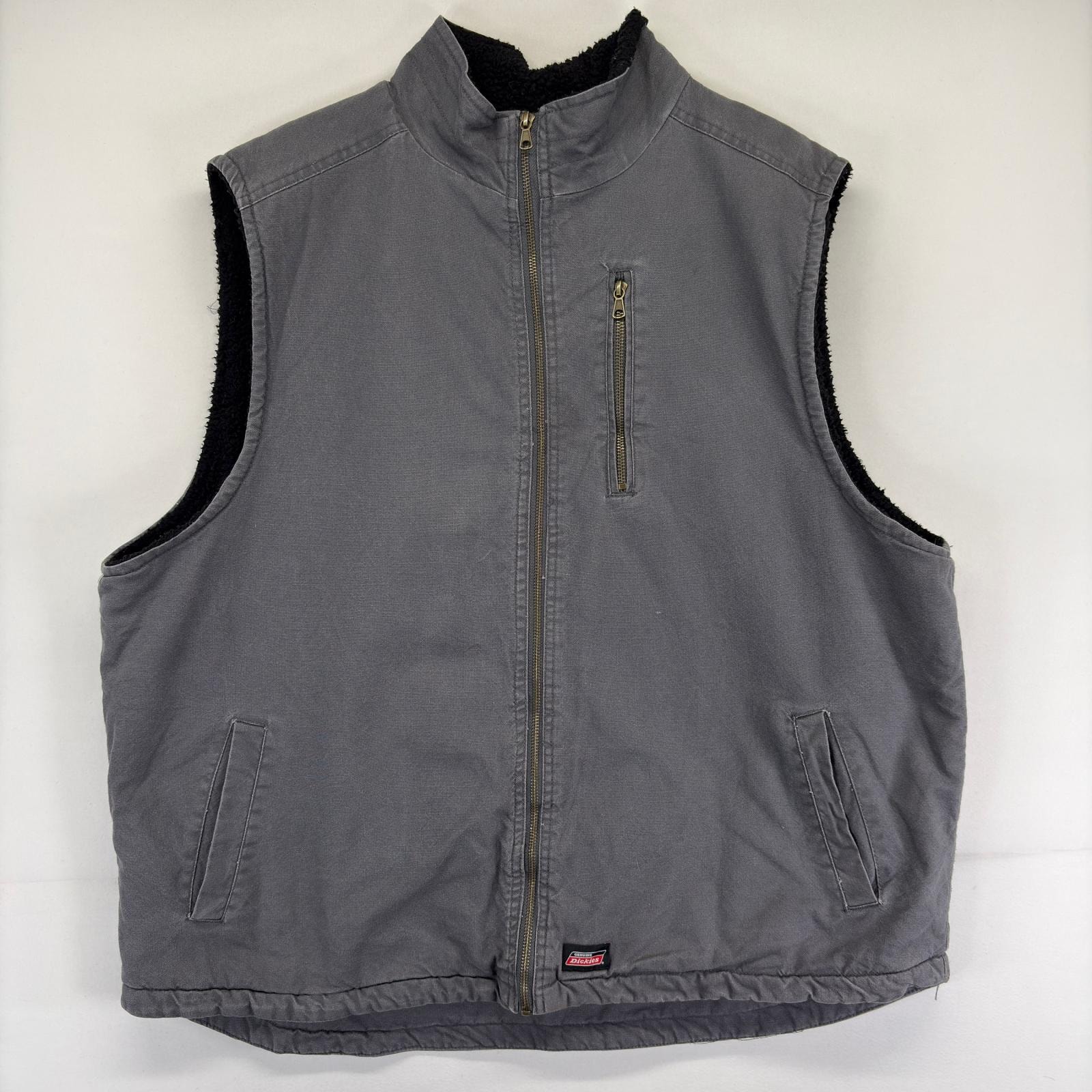 古着 ディッキーズ Dickies ダック ベスト フルジップ ボアライナー 大きいサイズ ワンポイントロゴ ロゴ 3XL  グレー系 メンズ