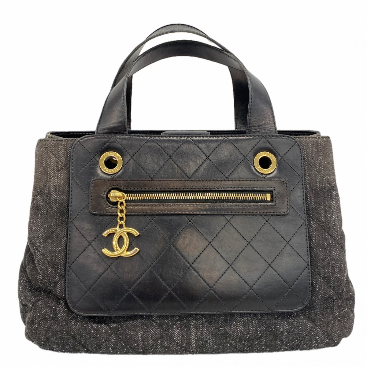 【6db1440】シャネル ハンドバッグ マトラッセ ラムスキン デニム ブラック ゴールド金具【中古】レディース