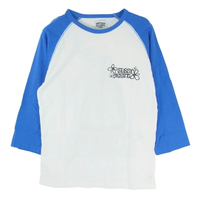 STUSSY ステューシー Tシャツ 00s old hibiscus raglan Tee オールド ハイビスカス ラグランTシャツ ホワイト系 ブルー系 S【中古】