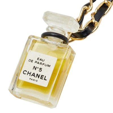 シャネル No.5 オードパルファム パフュームボトル チェーン ネックレス ゴールド ブラック メッキ レザー レディース CHANEL 【中古】