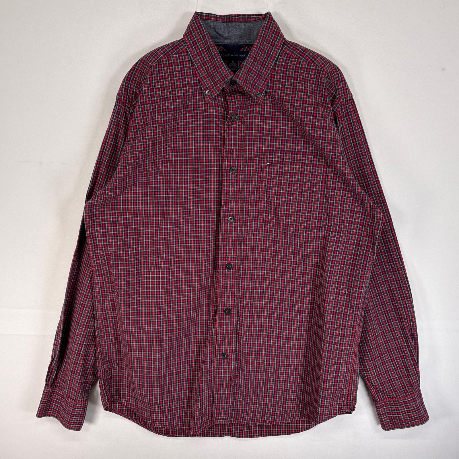 古着 トミーヒルフィガー TOMMY HILFIGER 長袖シャツ チェック ボタンダウン ロゴ 刺繍 M  レッド系 マルチカラー メンズ