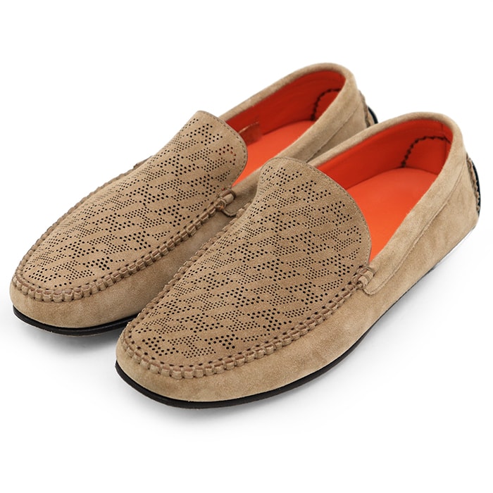 【美品】HERMES エルメス ドライビングシューズ サイズ 39 1/2 レディース メンズ ユニセックス パンチング ローファー シューズ 靴 袋付属 グレージュ 灰色 オレンジ 橙色 イタリア製