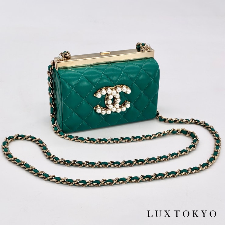 CHANEL シャネル ココマーク パール チェーンクラッチ ショルダーバッグ ラムスキン グリーン ゴールド金具 ランダムシール ★美品★