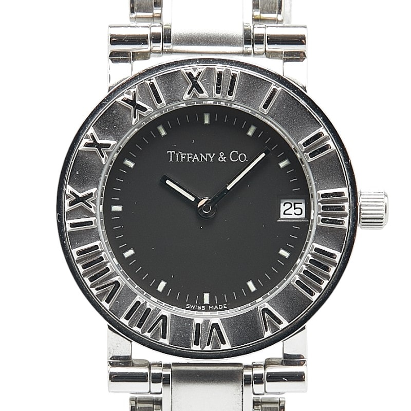 ティファニー アトラス 腕時計 クオーツ ブラック文字盤 ステンレススチール レディース TIFFANY&Co. 【中古】