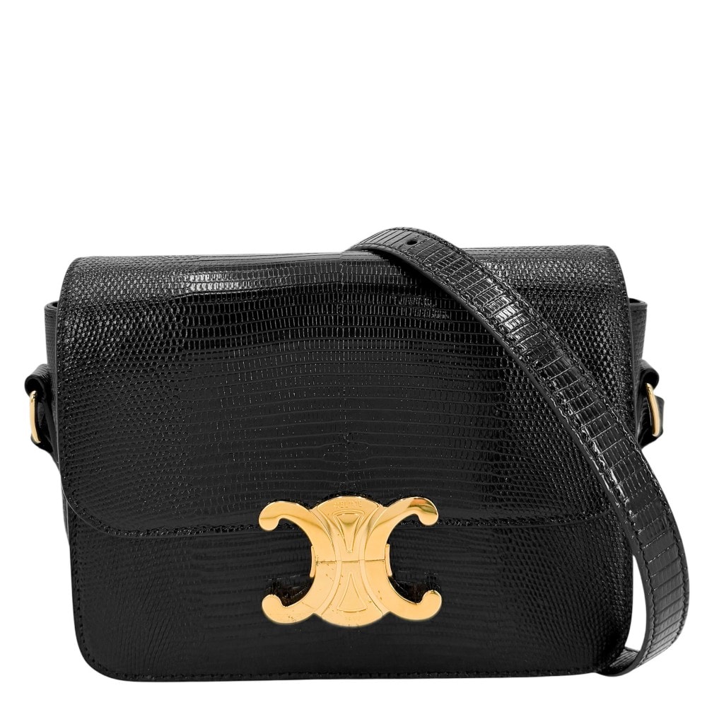 CELINE セリーヌ ショルダーバッグ ティーン トリオンフ 肩掛け リザード ブラック 黒 ゴールド金具 レディース 美品【中古品】