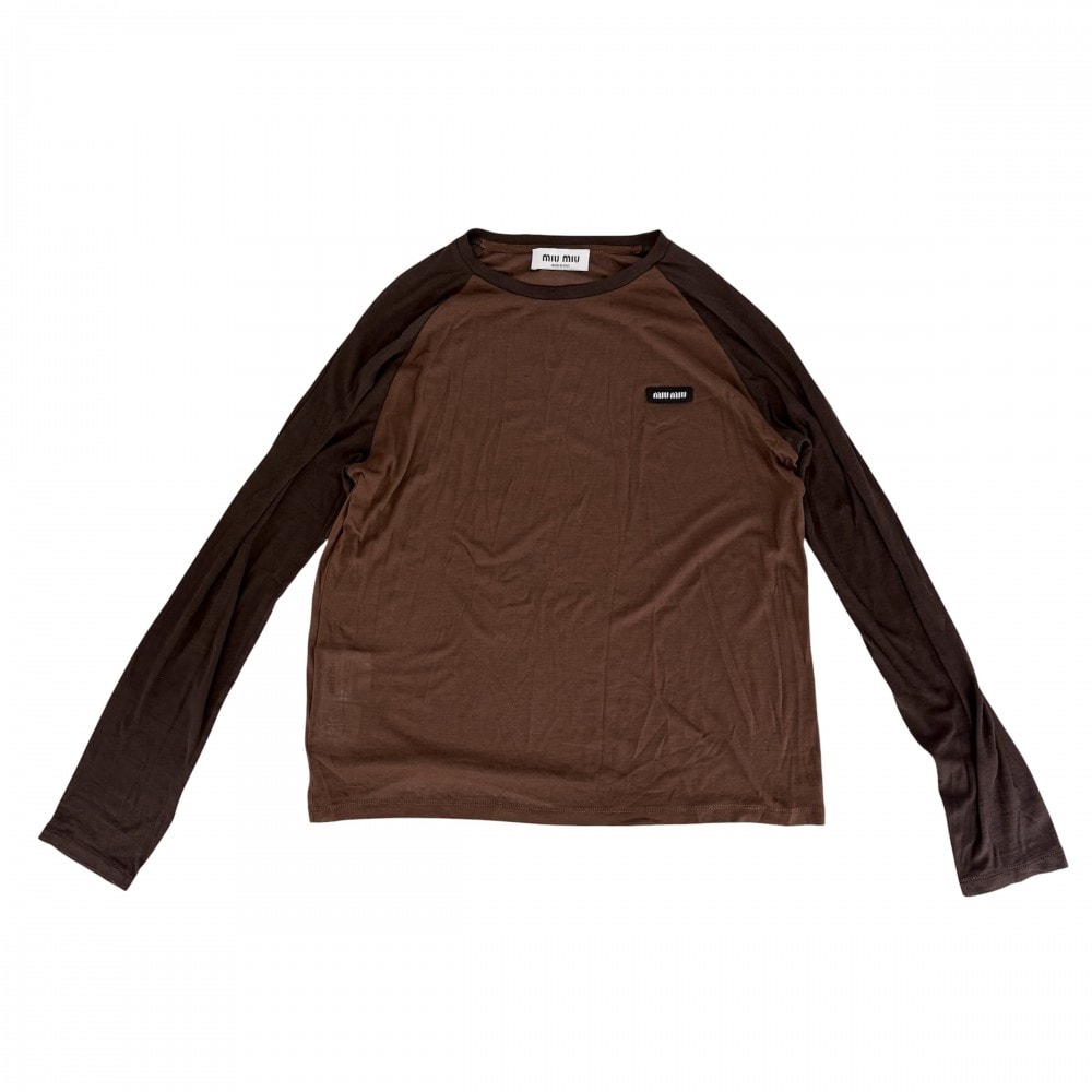 MIUMIU ミュウミュウ トップス クルーネック バイカラー 長袖 薄手 アパレル 服 S ブラウン 茶 コットン    レディース 春 秋【中古品】