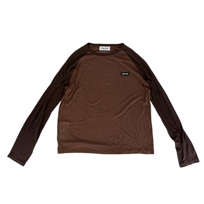 MIUMIU ミュウミュウ トップス クルーネック バイカラー 長袖 薄手 アパレル 服 S ブラウン 茶 コットン レディース 春 秋【中古品】