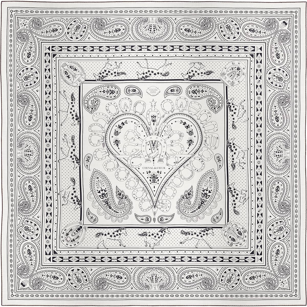 HERMES エルメス スカーフ カレ140 シュヴァル ドゥ クール バンダナ 白 (ホワイト)/黒 (ブラック) カシミヤ70% / シルク30% 新品未使用