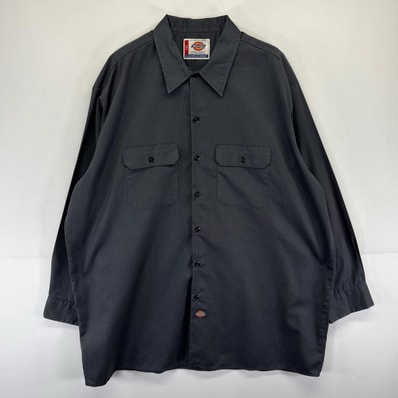 古着 ディッキーズ Dickies 長袖シャツ ワーク 作業着 胸ポケット ワンポイントロゴ 2XL グレー系 無地 メンズ