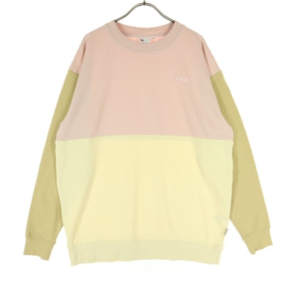 美品 FILA フィラ トリコカラー 長袖 丸襟 切り替え ワイドサイズ スウェット F ライトピンク×アイボリー