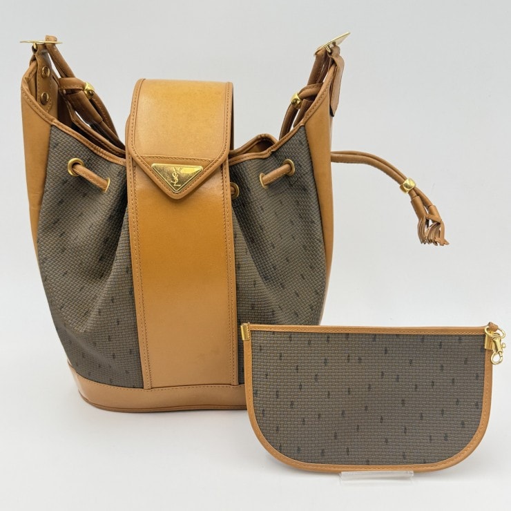 YVES SAINT LAURENT(イヴサンローラン)ヴィンテージ 巾着ショルダーバッグ レザー×キャンバス ブラウン系 YSLロゴ金具 巾着バッグ レディース