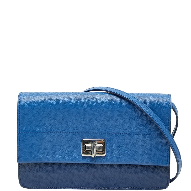 プラダ 斜め掛け ショルダーバッグ ブルー サフィアーノレザー レディース PRADA 【中古】
