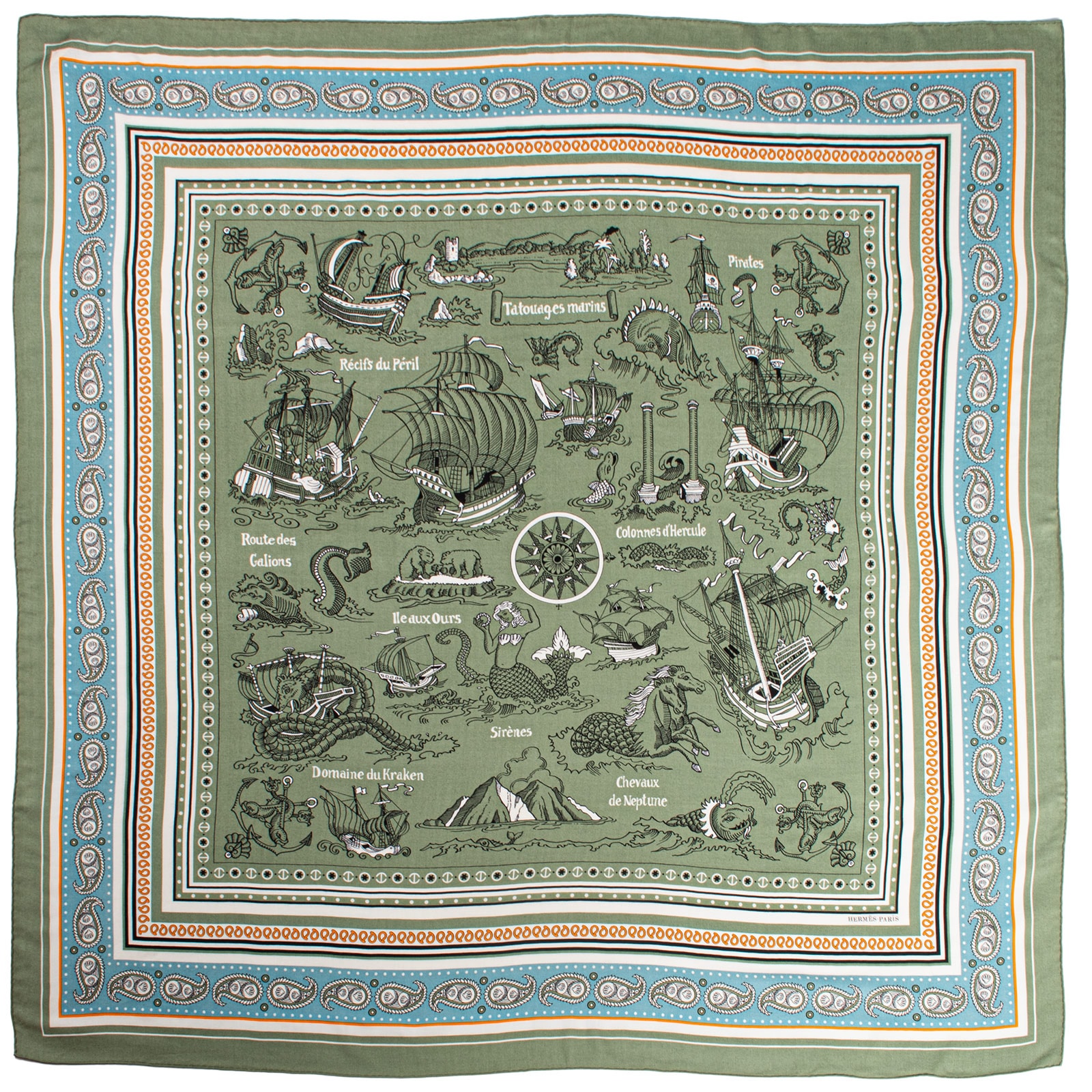 【未使用】HERMES エルメス カレジェアン Tatouages Marins Bandana 船乗りのタトゥ- バンダナ スカーフ 243374S 01 カレ140 ストール ショール シルク カシミヤ グリーン マルチカラー【中古】