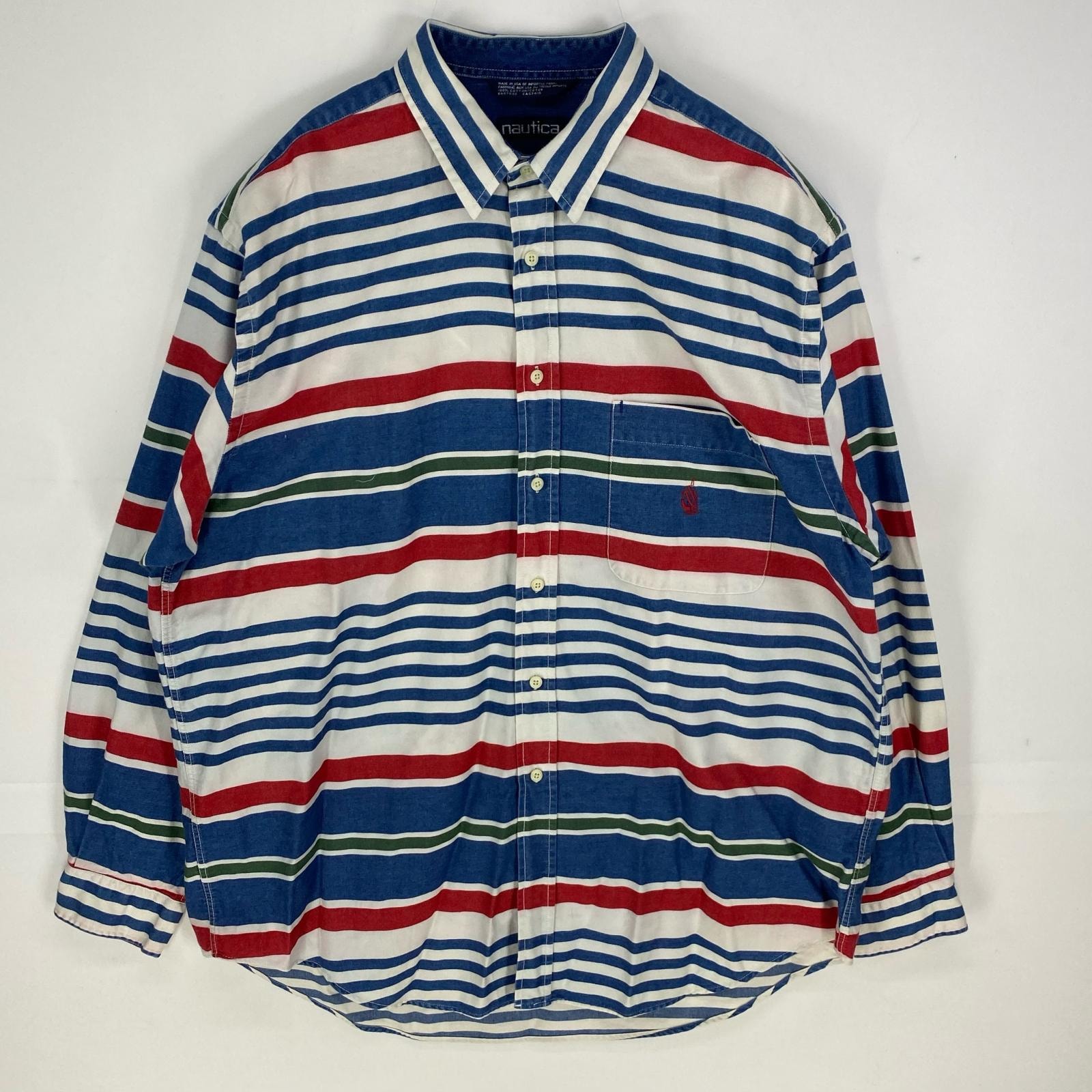 古着 90's/90年代 ノーティカ NAUTICA USA製 長袖シャツ ワンポイント ロゴ刺繍 胸ポケット  ブルー系 ボーダー メンズ