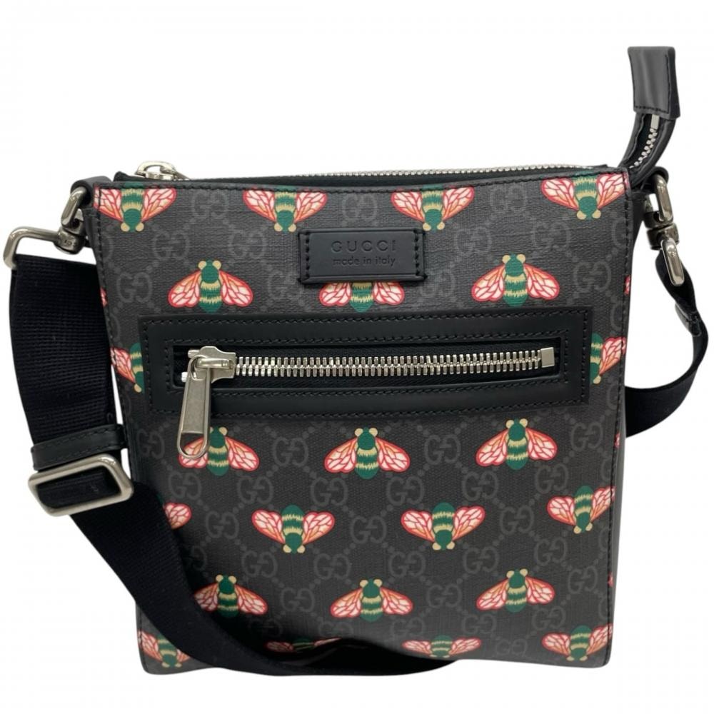 GUCCI グッチ ショルダーバッグ ベスティアリー ビー柄 メッセンジャーバッグ 斜め掛け 681021 GGスプリームキャンバス  レザー   ブラック 黒 シルバー金具 レディース【中古品】