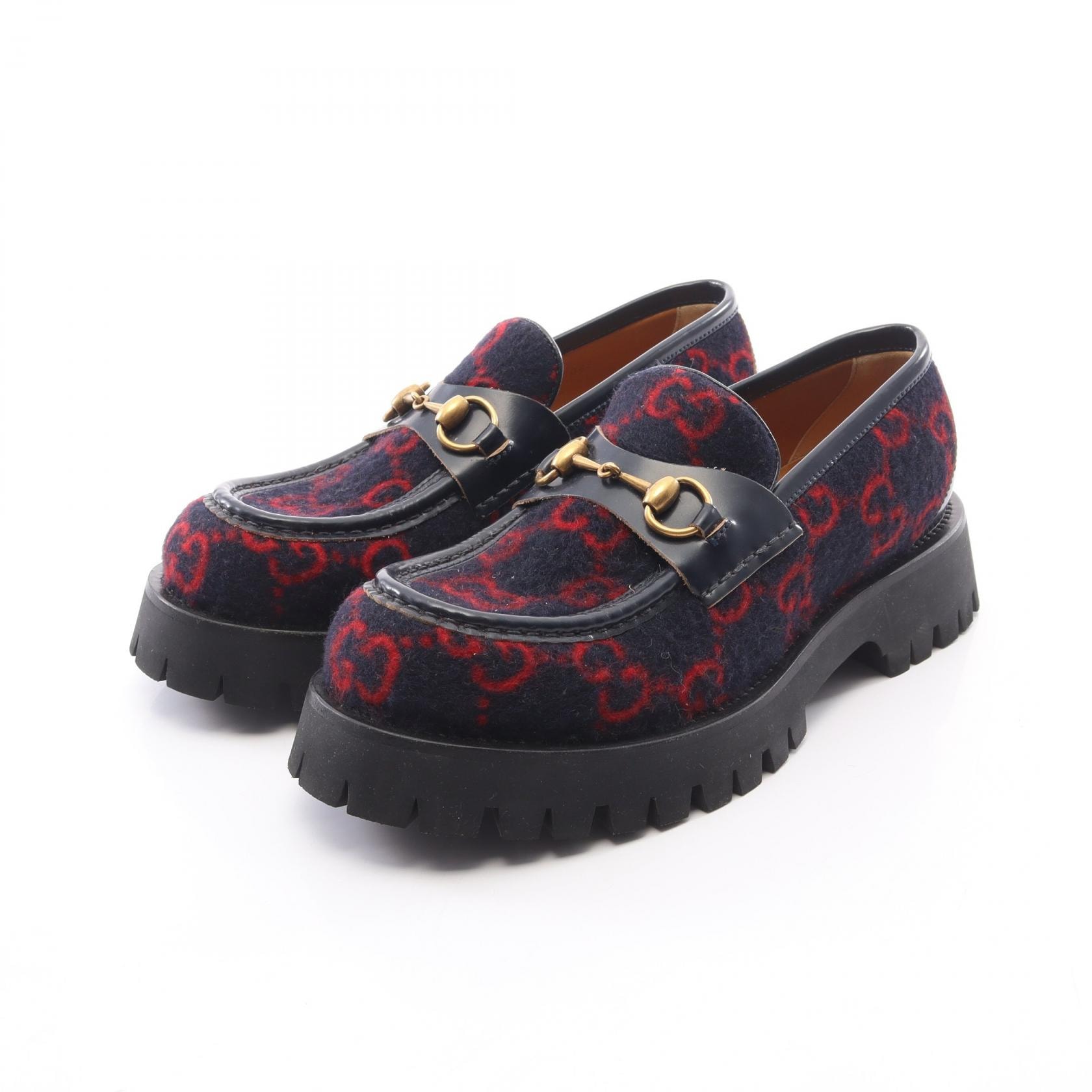 グッチ GUCCI ホースビット GG柄 ローファー 靴 ウール レザー メンズ ネイビー系 / レッド系 598312 【中古】
