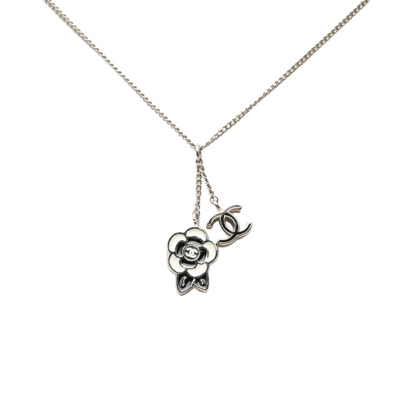 シャネル ココマーク カメリア 花 モチーフ ネックレス 05P シルバー ブラック ホワイト メタル レディース CHANEL 中古