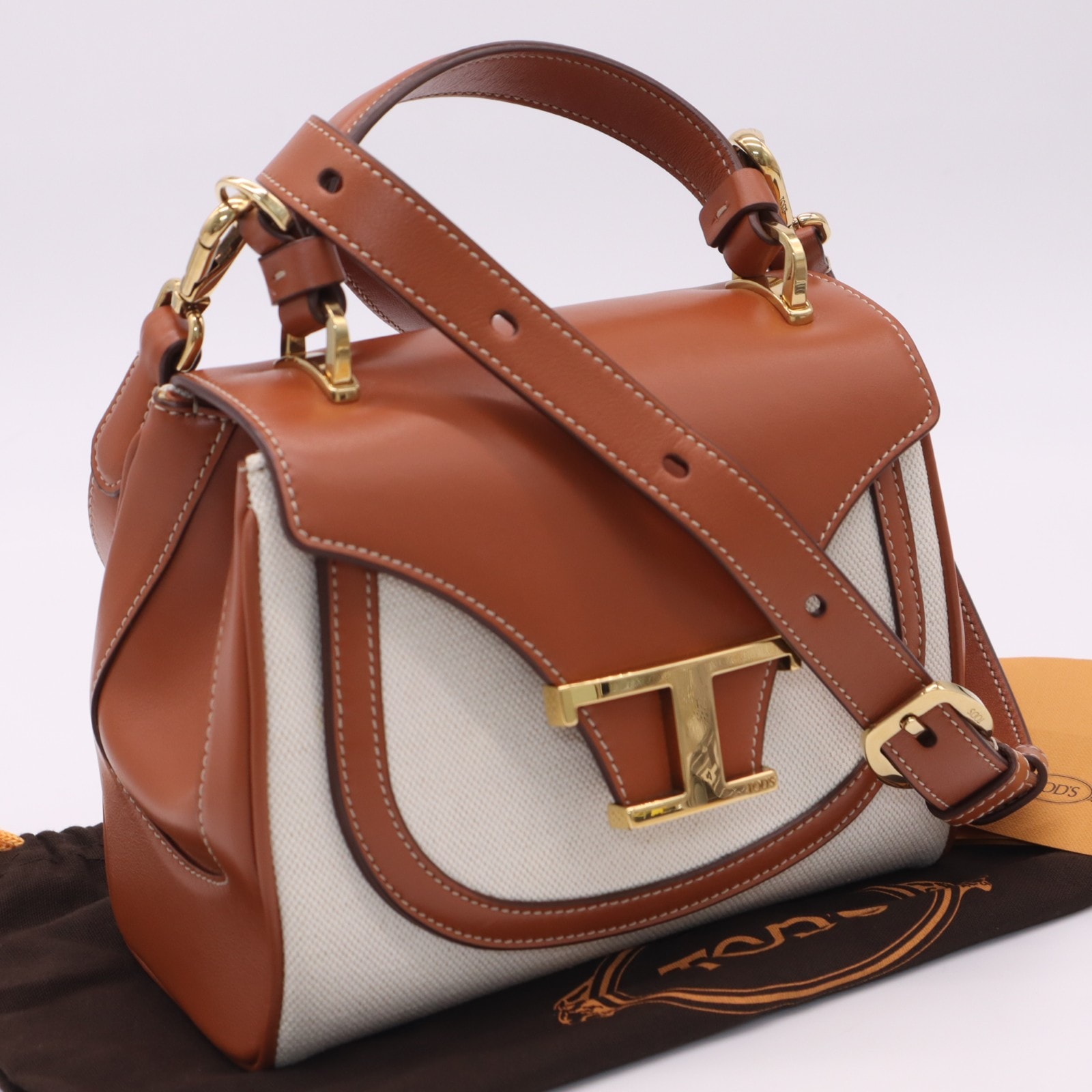 美品 TOD’S トッズ キャンバス レザー T タイムレス トップハンドル バッグ - ショルダーバッグ ブラウン ベージュ キャンバス レザー レディース