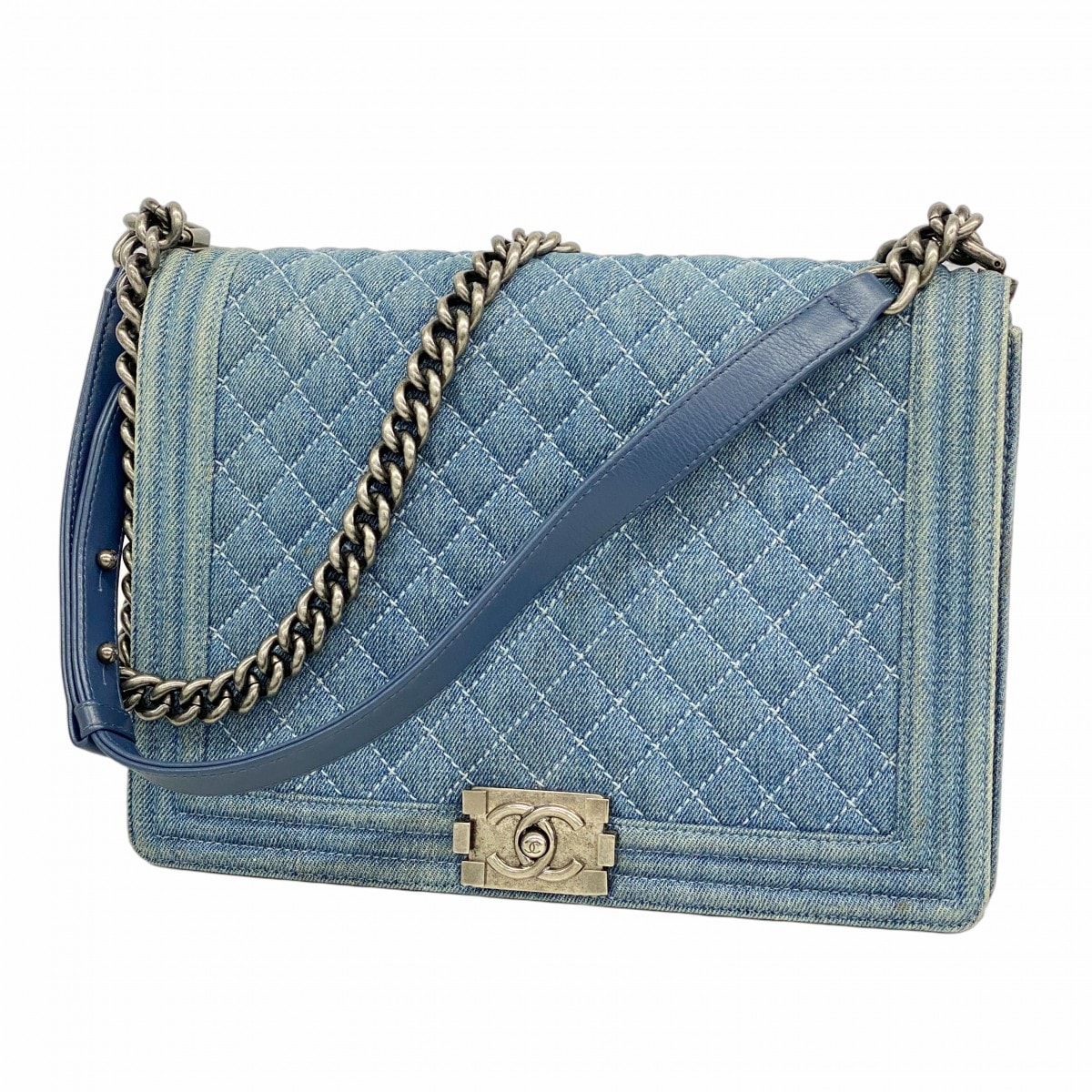 ★最終価格★SALE【6ce6035-k】シャネル ショルダーバッグ ボーイシャネル チェーンショルダー デニム ブルー シルバー金具【中古】レディース