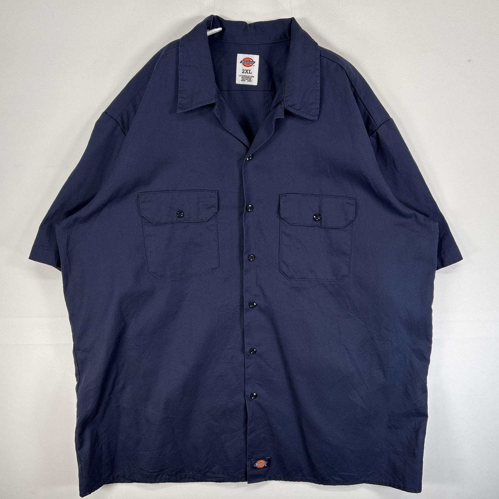 古着 ディッキーズ Dickies 半袖シャツ ワーク 作業着 フラップポケ 大きいサイズ ワンポイント ロゴ 2XL ネイビー 無地 メンズ