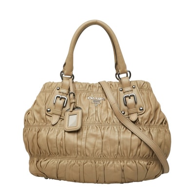 プラダ ナッパ ゴーフル ギャザー バックル ハンドバッグ ショルダーバッグ 2WAY ベージュ レザー レディース PRADA 中古