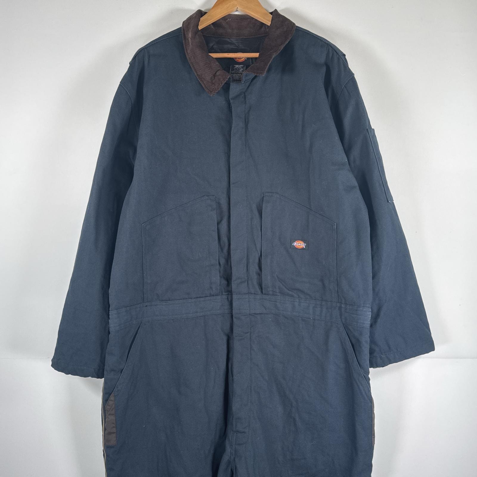 古着 ディッキーズ Dickies 長袖つなぎ ダック地 ワーク 作業着 オールインワン 裾ファスナー 大きいサイズ 中綿 2XL ネイビー メンズ