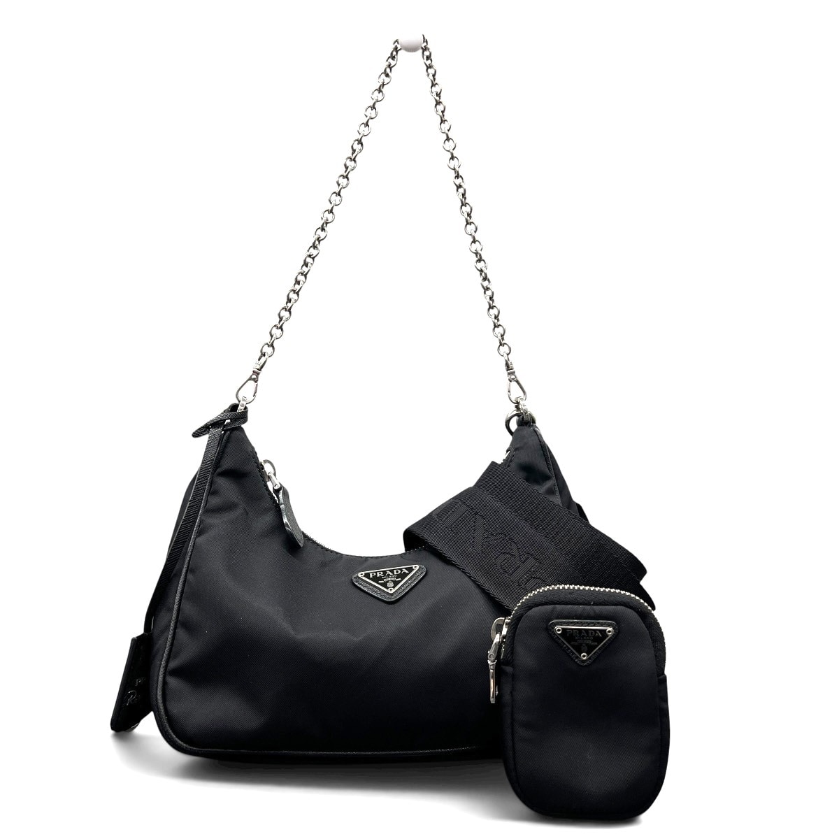 PRADA 極美品 プラダ Re-Edition 2005 リエディション RE-NYLON リナイロン 2way チェーン ショルダーバッグ 1BH204 RFID確認済 ナイロン レザー ブラック トライアングルロゴ 三角プレート Aランク 鑑定済 中古