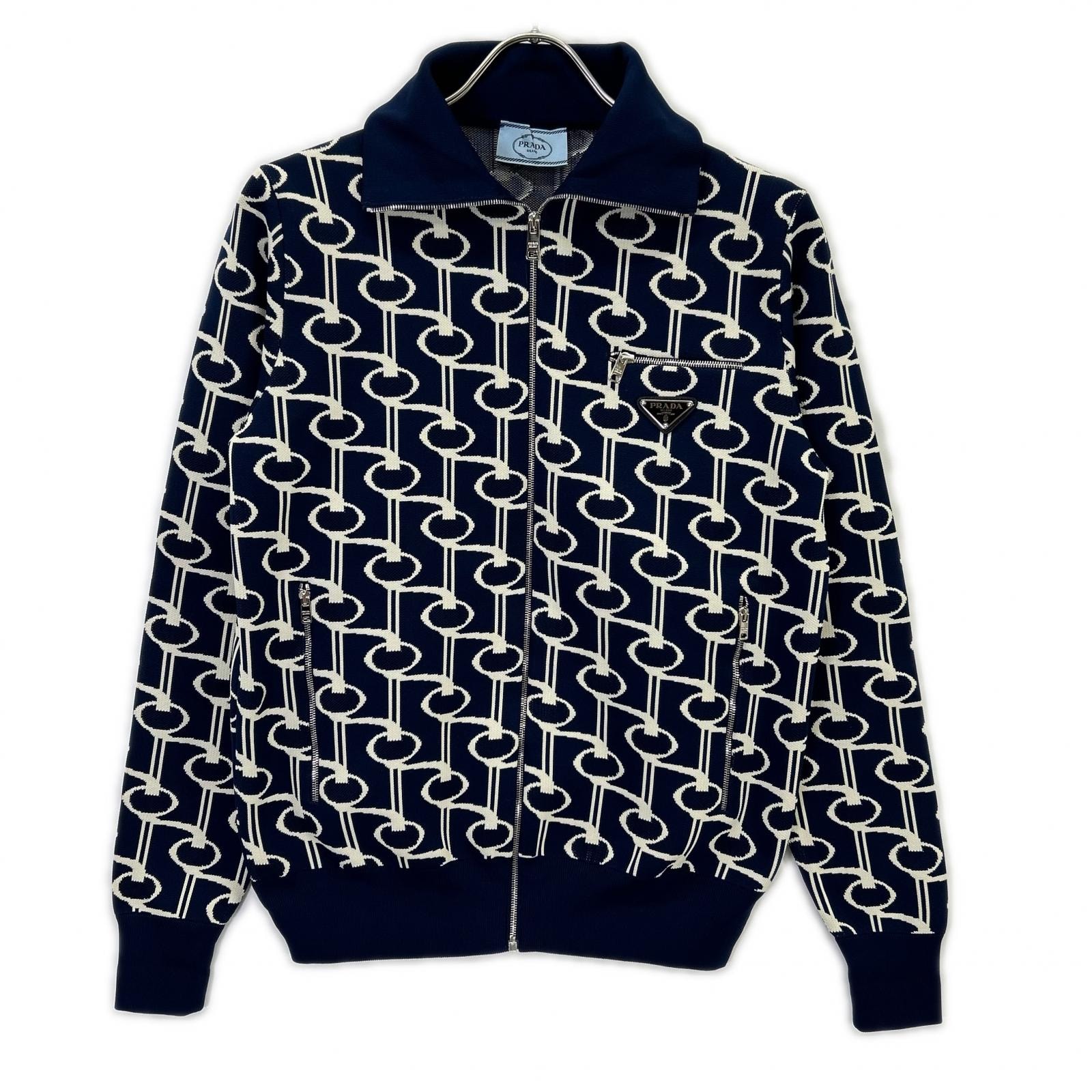 プラダ P25G60 18年 ブルー×ホワイト トライアングルロゴプレート ジャガードハイネック総柄ニットジャケット 38