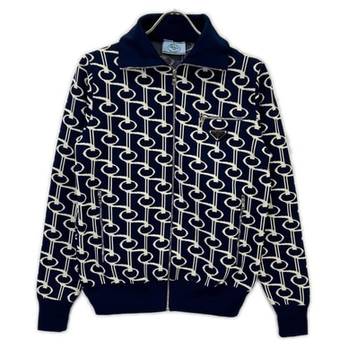プラダ P25G60 18年 ブルー×ホワイト トライアングルロゴプレート ジャガードハイネック総柄ニットジャケット 38