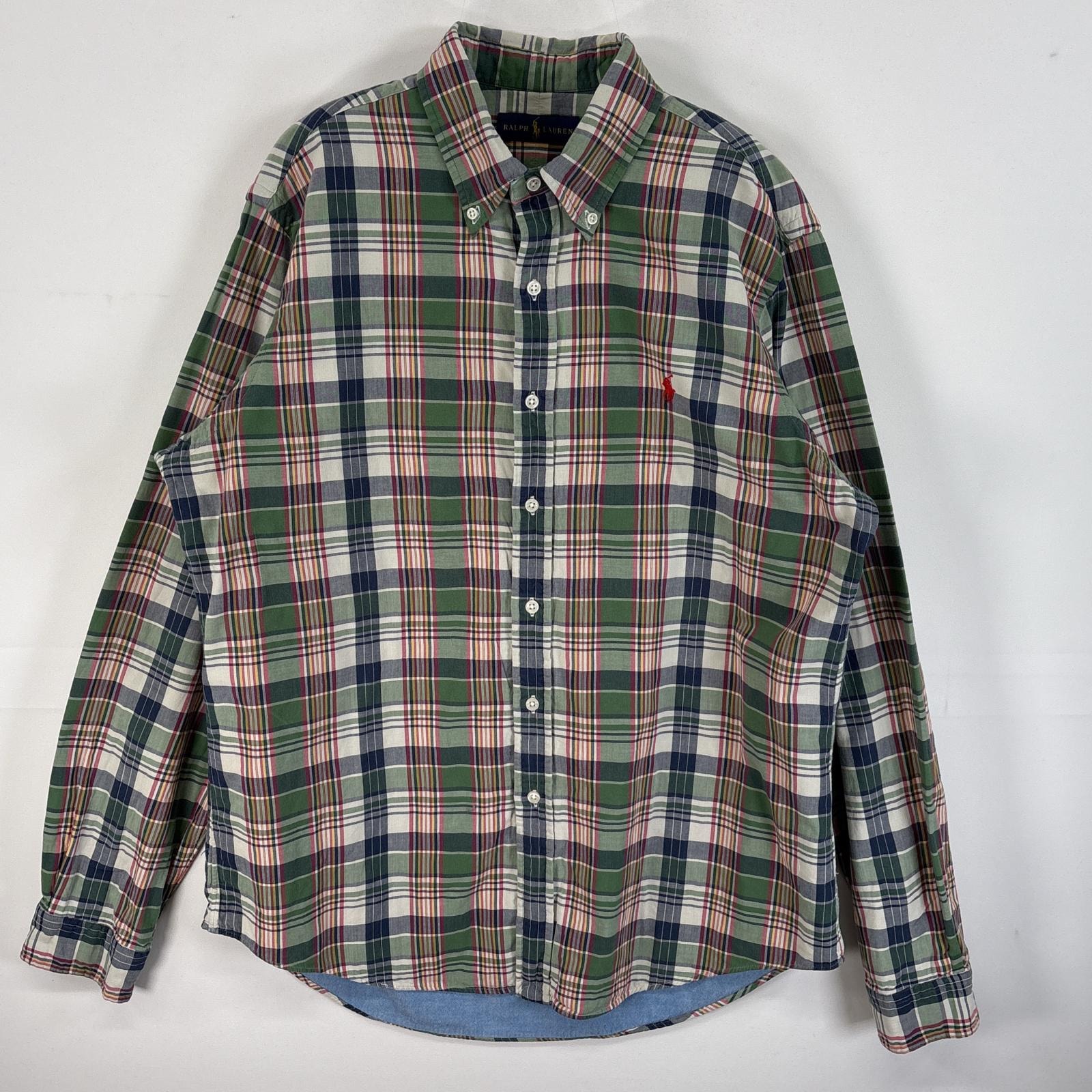 古着 ラルフローレン RALPH LAUREN 長袖シャツ ロゴ 刺繍 チェック柄 裏地付き L  グリーン系 マルチカラー メンズ