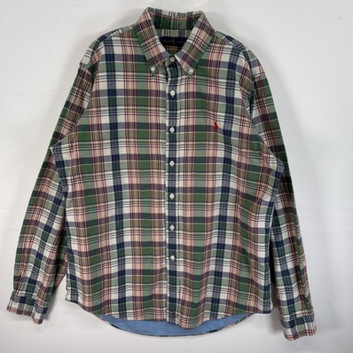 古着 ラルフローレン RALPH LAUREN 長袖シャツ ロゴ 刺繍 チェック柄 裏地付き L グリーン系 マルチカラー メンズ