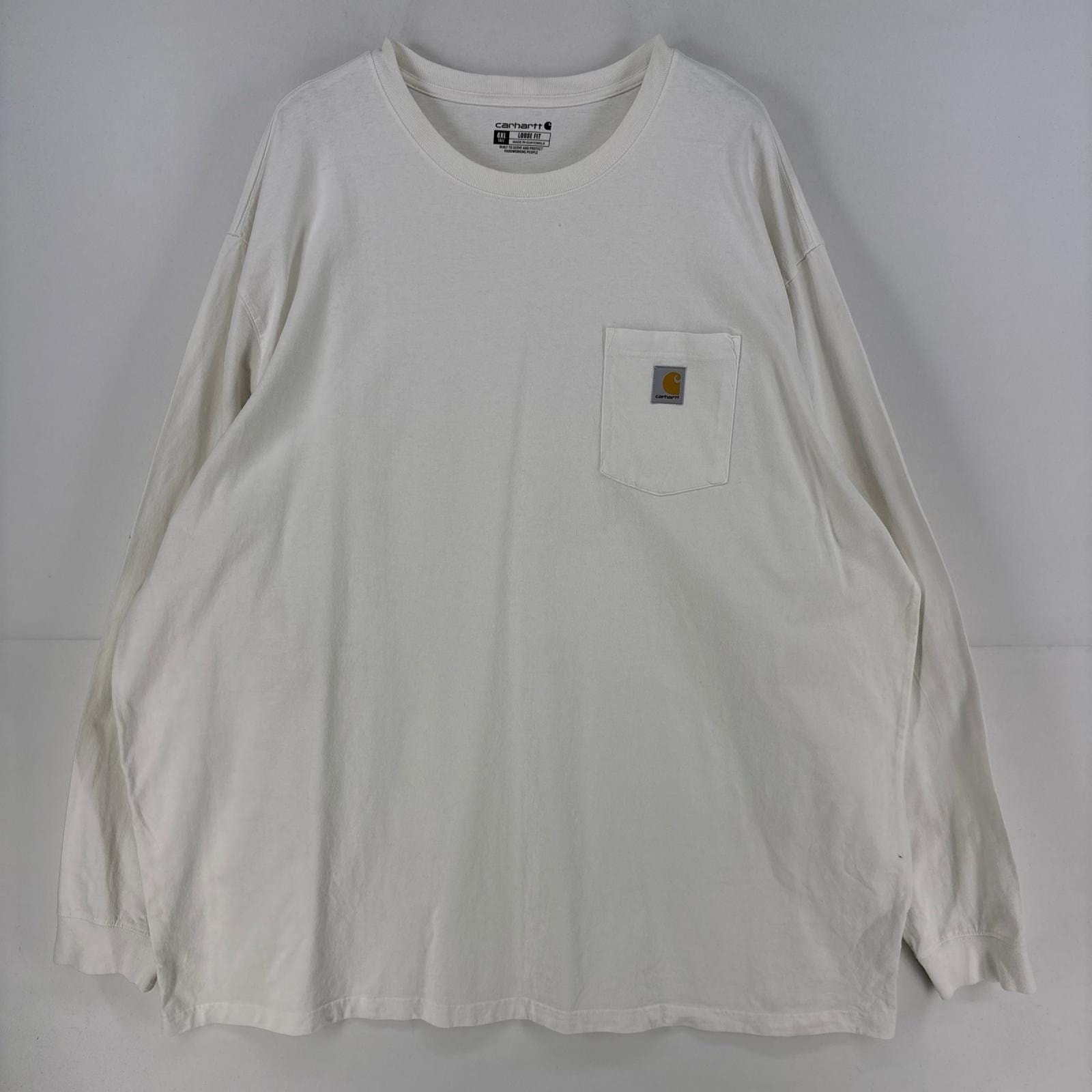 古着 カーハート Carhartt 長袖Tシャツ ロゴ 胸ポケット 作業着 ワーク ワンポイント クルーネック 大きいサイズ 4XL  ホワイト メンズ