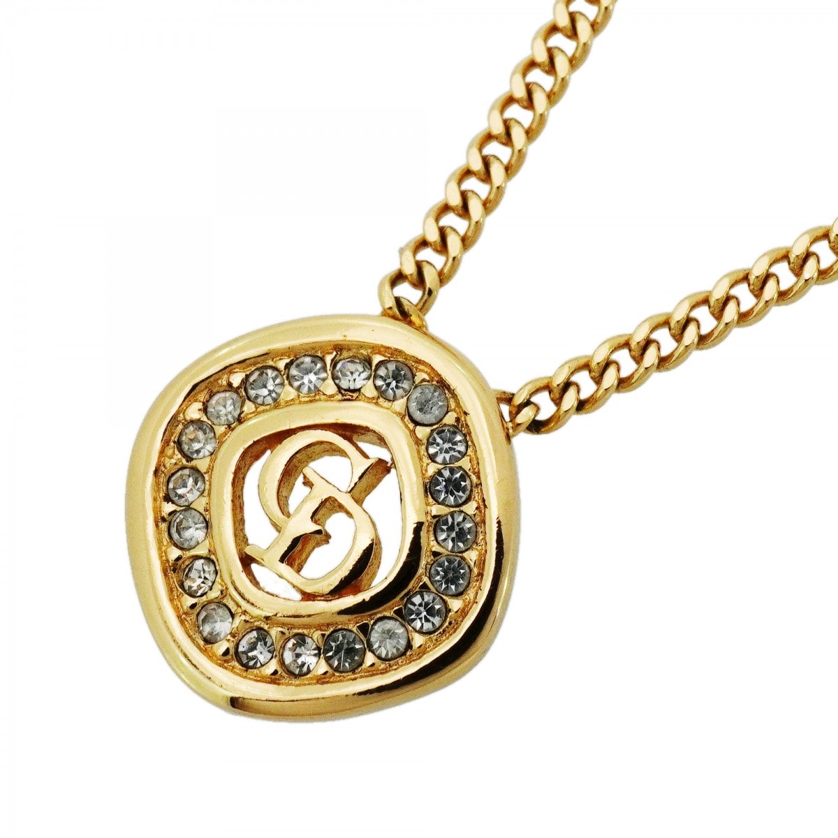 【6jcb0974】クリスチャンディオール ネックレス CDロゴ GPメッキ ラインストーン ゴールド【中古】レディース