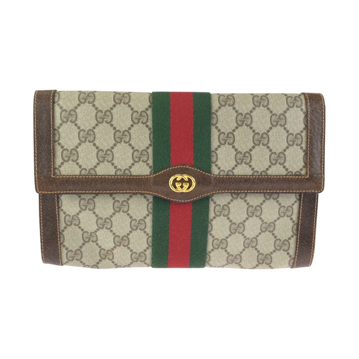 GUCCI グッチ ヴィンテージ シェリーライン グレー ブラウン ゴールド金具 GGスプリームキャンバス レザー/ クラッチバッグ セカンドバッグ 602280 【中古】