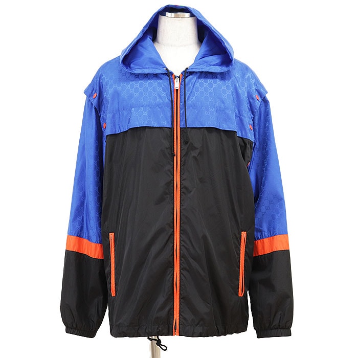 【美品】GUCCI グッチ ブルゾン ジャケット GGスプリーム ロゴ モノグラム テクニカルナイロンタフタ アーム取外可 ノースリーブ ベスト 2WAY ジップアップフーディー リラックスフィット レインウェア 撥水性 メンズ 48 黒 青 橙色 イタリア製
