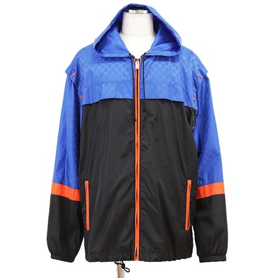【美品】GUCCI グッチ ブルゾン ジャケット GGスプリーム ロゴ モノグラム テクニカルナイロンタフタ アーム取外可 ノースリーブ ベスト 2WAY ジップアップフーディー リラックスフィット レインウェア 撥水性 メンズ 48 黒 青 橙色 イタリア製