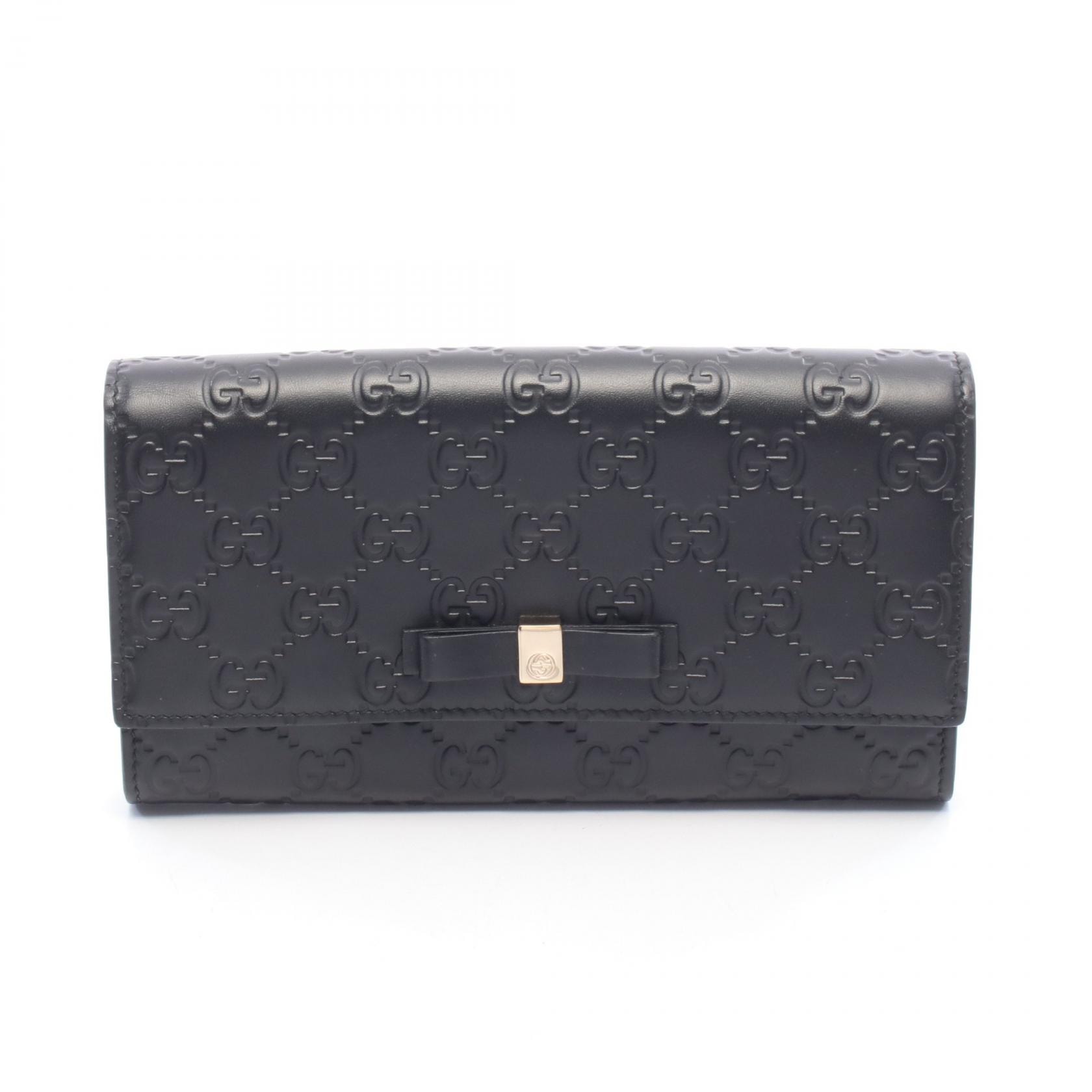 グッチ GUCCI グッチシマ リボン 二つ折り長財布 財布 レザー レディース ブラック系 388679 【中古】
